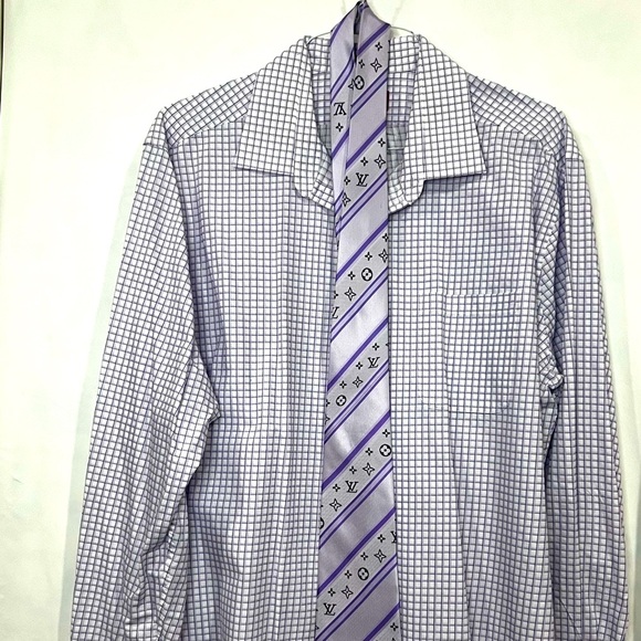 Mens Chaps Checkered Dress Shirt White & Purple long sleeves pocket nice texture - Picture 8 of 11